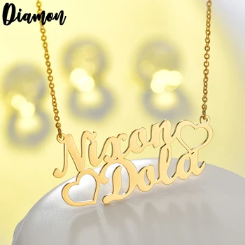 Diamont nowe serce z uosobionymi podwójnymi nazwiskami naszyjniki dla kobiet imienna tabliczka biżuteria ze stali nierdzewnej niestandardowe litery naszyjnik