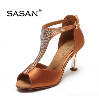 Dorośli buty balowe ameryki łacińskiej, taneczne buty kobieta dziewczyna miękkie dno SASAN S-1271 import satyna Salsa trwała okrągły podeszwa obcas