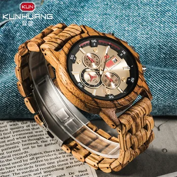 Drewniany zegar wyświetlacz daty casual męskie luksusowe drewniane chronografy sportowe uliczne wojskowy zegarek kwarcowy z drewna relogio masculino