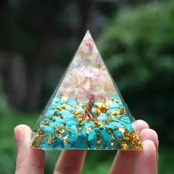 Drzewo Życia Оргонитовая piramida cytryn kwarc i złota folia z turkusowym Błękitem Reiki Orgone Energy Pyramide Collection