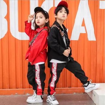 Dzieci kurtka czerwona koszula jogging spodnie hip-hop ubrania, Kostiumy taniec jazzowy strój dziewczyny chłopaki taniec towarzyski stroje odzież uliczna