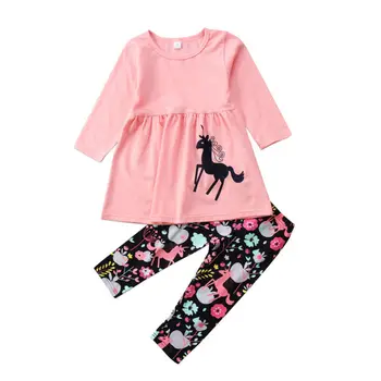 Dziecko dziecko dziewczynka 1T-7Т Jednorożec bluzki sukienka kwiatowy spodnie kostiumy zestaw ubrań