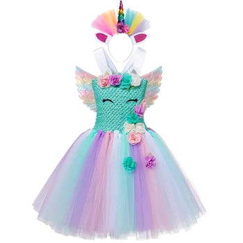 Dziewczyny Jednorożec Sukienka Tiul Dzieci Bez Rękawów Suknia Ślubna Garnitury Na Urodziny Kwiat Tęczy Odzież Księżniczka Unicorn Świąteczne Akcesoria