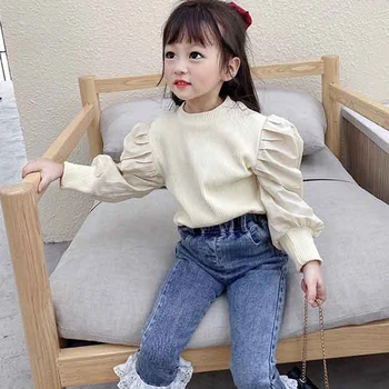 Dziewczyny przekładany rękaw dzianina jesień styl moda dla Dzieci japoński i koreański słodki długi rękaw bluzki odzież dla Dzieci 2-7 lat