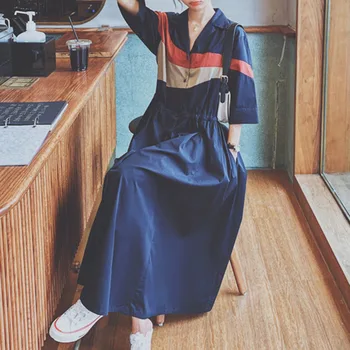 Długa Suknia Kobiety Jesień 2020 Koreańskiej Meble Ubrania Kolor Bloku Przycisk W Górę Tunika Linia Damska Swing Maxi Lata Dorywczo Sukienka Lady