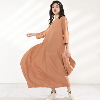 [EAM] Orange Women Long Big Size Temperament Dress New Round Neck Long Sleeve Loose Fit Fashion Tide wiosna jesień 2021 FB171