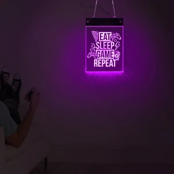 Eat Sleep Game Repeat LED Lamp Wall Sign Gamers Boy Room Lighting Wall Art Rectangle Hanging Board Gaming Electric Display Sign