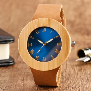 Elegancki niebieski/zielony okrągły dial drzewo bambusowe damskie zegarek Kwarcowy brązowy skóra naturalna drewniane zegarki dla kobiet