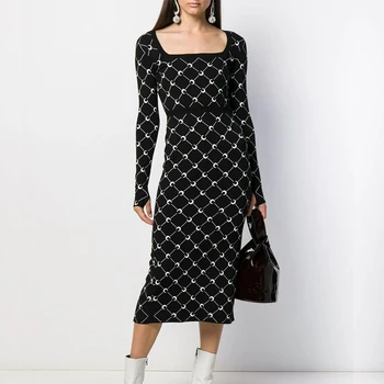 Europejski wiosenny nowy projekt 2020 High Strreet вязаное długa sukienka All-match Classic Moon Embrodiery Quality Pantofelku Slit Dress