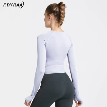 F. DYRAA delikatny styl sportowe koszulki otwór na kciuka kobiety z długim rękawem siłownia, joga koszula elastyczna ciężki trening jogging koszulka skrócony top