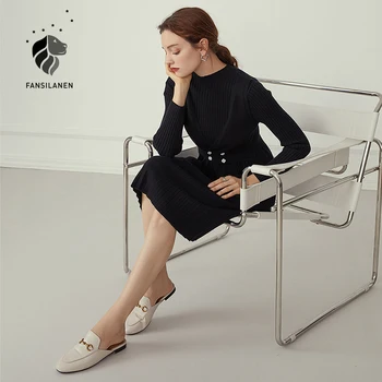 FANSILANEN elegancki karbowany sweter z dzianiny sukienka kobiety szczupłe vintage, długie czarne sukienki jesień zima biuro lady biała sukienka 2020