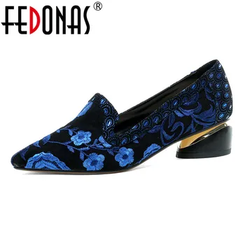 FEDONAS euro styl Kobiety jakości Ostre skarpety haftować pompy wiosna jesień Flock buty kobieta, obuwie wysokie obcasy pompy