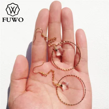 FUWO Gold Circle Rock Crystal kolczyki 24K Gold galwaniczny mosiężny krąg z gwiaździstej formą kwarcowy kolczyki zwisają biżuteria ER007
