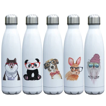 Fajny design zwierząt psy koty w okularach 500 ml termos izolowany butelka metal stal nierdzewna przewód butelka 17 uncji