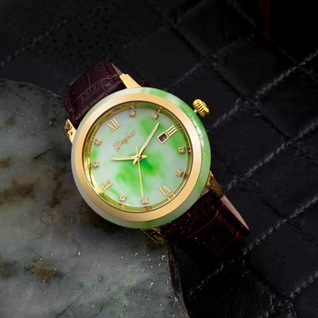 GEZFEEL męski średnica mongolski jade zegarki skórzany pasek brązowy zielony okrągły dial kalendarzowego wyświetlacz wodoodporny Relojes Hombre