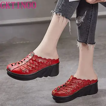 GKTINOO 2021 moda wycięcia buty damskie pantofle lato zamknięte toe Klin sandały skóra naturalna Panie slajdy buty kobieta