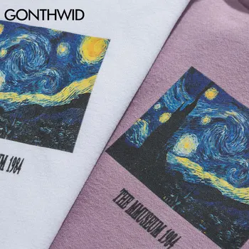 GONTHWID Van Gogh Starry Night Print флисовые bluzy meble odzież mężczyźni hip hop sweter z kapturem, bluzki męski sweter Harajuku