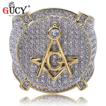 GUCY hip-hop pierścień pozłacany mosiądz materiał wszystkie oblodzonych mikro utorować sześciennych Cyrkon масонское pierścień Urok biżuteria dla mężczyzn prezent