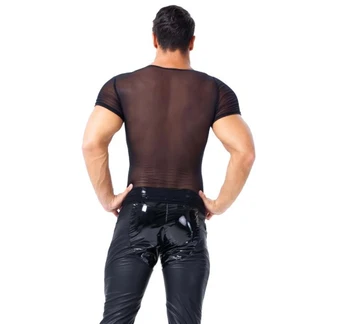 Gotyckie mężczyźni sztuczna sztuczna skóra koszulki mężczyźni sexy fitness Sheer Mesh Klubowa topy gej lateks partia koszulka męska sceniczne trójniki