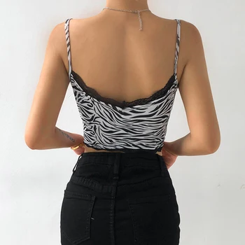 HEYounGIRL Black Lace Side Summer Top Women Zebra Print Sleeveless Spaghetti Strap Tops Tees Fashion Lady Cropped Cami Top