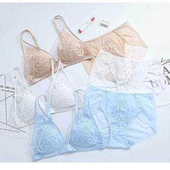HONVIEY Lingerie Femme Sexy Sandwich Untra thin Cup Lace Embroidery Underwear Set Wirefree Push Up Bra Set Deep V langerie