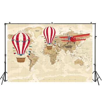 HUAYI Baby Shower background Hot Air Balloon Vintage Samolot Decoration Photography World Map Adventure Baby Shower Prop W-2074