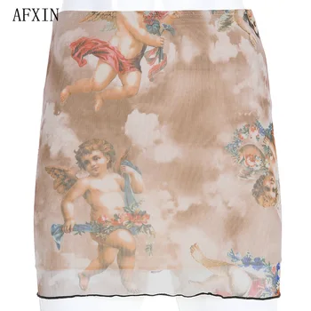 Harajuku Angel Cupid Print Skirt Kawaii Summer Skirt Mesh Patchwork Podwójna Warstwa Cute Saia Women Elastyczna Spódnica Ołówek Z Wysokim Stanem