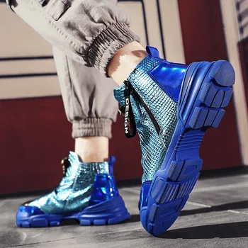Hot moda błyszczące kolorowe hip-hop Męskie buty codzienne buty do biegania Wysoki Wierch zamek buty mężczyźni metaliczny połysk grube слипоны buty do biegania mężczyźni