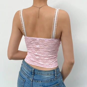 IAMSURE Sexy Lace See Through Bustier Spaghetti Straps Top Women 2020 Śliczne Bow Hollow Out Deep V Neck Tank Tops Holiday Klubowa