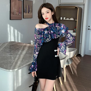 ICHOIX 2020 Jesienna odzież Damska seksowna kwiat sukienka bez ramiączek Potargane panie z расклешенными rękawami strój chiński styl damskie stroje