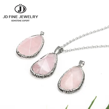 JD 1 szt unikalny kształt kropli wody róża różowy kwarc Kryształ naturalny kamień błyszczący naszyjnik DIY Fit Naszyjnik do produkcji biżuterii