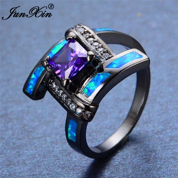JUNXIN geometryczny wzór niebieski opal fioletowy pierścień czarne złoto wypełnione kobiety dekoracje ślubne pierścienie obietnica dla pary RB0540