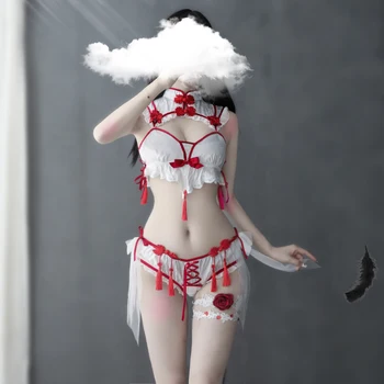 Japońskie Seksowna Bielizna Cosplay Kostium Komplecik Sukienka Kobiety Gorąca Erotyka Gothic Punk Mały Diabeł Biustonosz Zestaw Biały Cheongsam Party