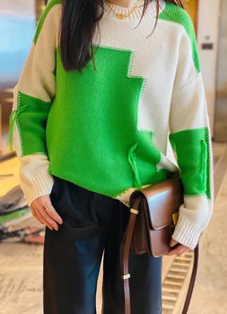 Jesień 2020 nowy kobiecy, kolorowy blok ręcznie baczki kaszmirowy sweter geometria bardzo wysoki ton