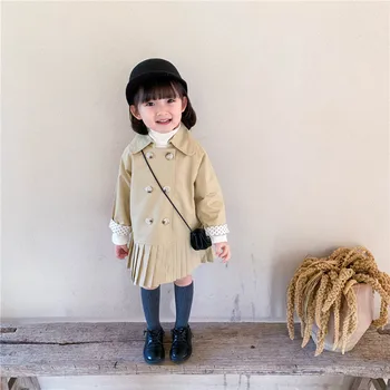 Jesień dziewczyny karbowany brzeg długi trencz koreański dziewczyna moda płaszcz kołnierz wiatrówka dzieci dwurzędowy płaszcz