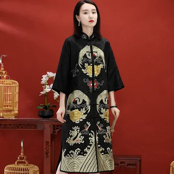 Jesień nowy chiński styl retro Pałac Embroidy dysk przycisk rękawy raglan średniej długości temat Pani płaszcz plus rozmiar M-3XL