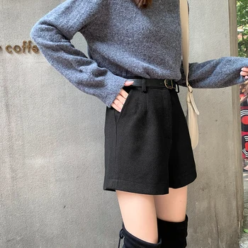 Jesień zima 2020 czarne wełniane szorty Damskie z wysokim stanem szerokie krótkie spodnie koreański styl casual szorty z paskiem