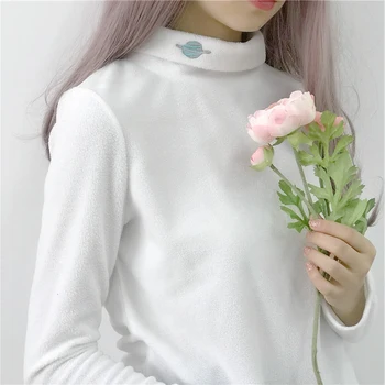 Jesień zima ciepła koszulka kobiety geometria haft z długim rękawem t-shirt Harajuku slim Casual Kawaii białe bluzki t-shirt Femme