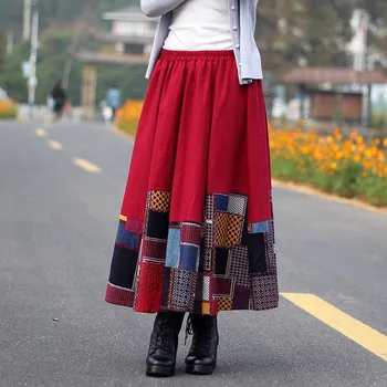 Jesień zima nowe damskie patchwork spódnice kobiety kwiat kwiatowy plaid druku spódnica damska damskie lniane bawełniane elastyczne spódnice