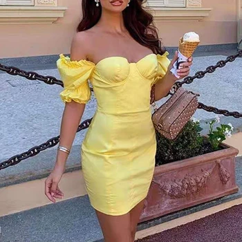 JillPeri Women Low Slash Neck Solid Yellow Short Puff Sleeve Dress Off the Shoulder Multi-Way Outfit Celebrity Party Mini Dress
