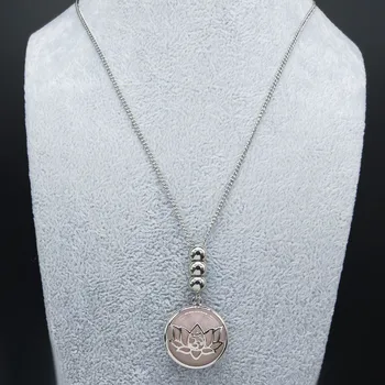 Joga Budda Lotos różowy kryształ stal nierdzewna długie naszyjniki kobiety kolor srebrny koraliki naszyjnik biżuteria colgante mujer N20295