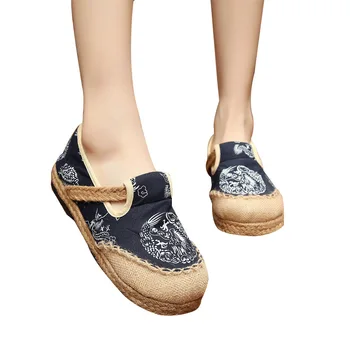 Johnature buty Damskie Totem Slip-on okrągły nosek mieszkania casual geometryczna 2020 nowy jesienny płótno szycie ręcznie robione buty Damskie