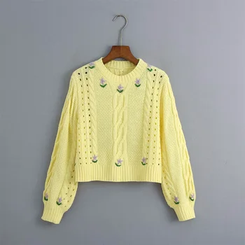 KUMSVAG 2020 Four seasons damskie żółte krótkie swetry z długim rękawem O-neck haft hollow kobiet Luźne Swetry sweter