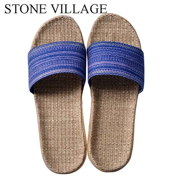 Kamienna wioska letnie kapcie dla par kobiet i mężczyzn kryty podłoga buty Damskie obuwie na płaskiej podeszwie lniane slajdy japonki