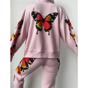 Kobiety 2szt dres 2020 jesień casual motyl drukowanych na zamek błyskawiczny-up płaszcze spodnie zestaw sportowy odzież Damska odzież uliczna