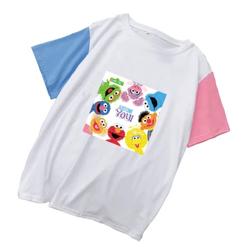 Kobiety Harajuku Kawaii koszulka lato zaklęcie kolor patchwork bawełna t-shirt Sesame Street kreskówka drukowania temat t-shirt Femme topy