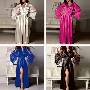 Kobiety Sexy Długa Sukienka Kimono Koronki Wanna Kobiety Szlafrok, Bielizna Strój Lodowy Jedwab Koszula Nocna Kolor Nocne Koszula Nocna Odzież Plus Size