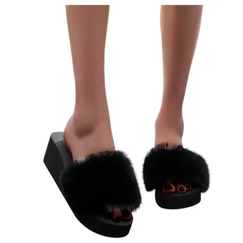 Kobiety Slip-on open toe kliny ciepłe zimowe kapcie buty futerko slajdy kobiety futro antypoślizgowe wewnętrzne klapki Drop Shipping#0305