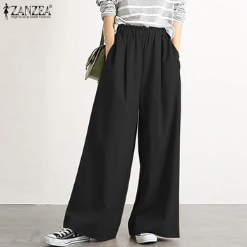 Kobiety jesień elastyczny pas szerokie spodnie ZANZEA moda stałe casual spodnie długie pantalony temat kieszenie Palazzo plus rozmiar 5XL