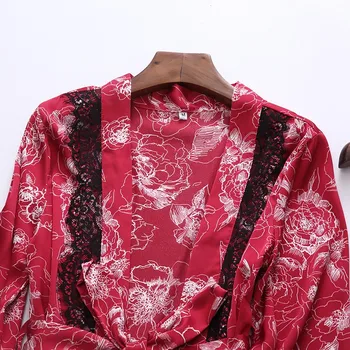 Kobiety szlafrok zestaw Kimono sukienka wiosna lato 4szt bielizna nocna Seksowna czarna koronkowe wykończenie koszula nocna print kwiat nocna odzież codzienna, odzież domowa